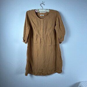 CIAO PANIC Women Size F Brown Rayon Henley Pintuck Shift Dress 3/4 Sleeve Casual